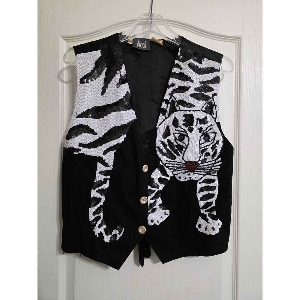 MODI Sequin Tiger Vest Women Medium Black White Beaded Graphic 90s Vintage RARE!
